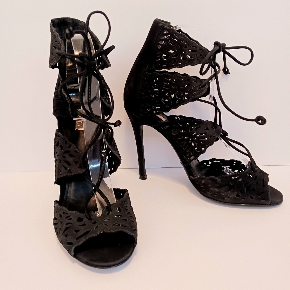 SCHUTZ Laser Cut Out Leather Lace Up Sandal Booties Sz 8.5 Like New
